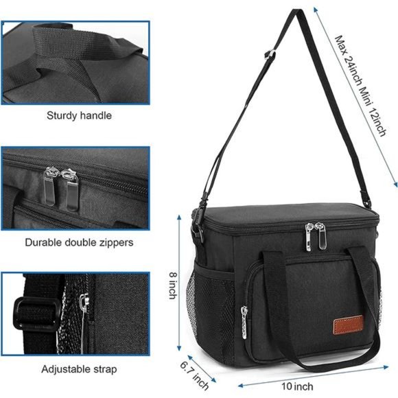 Men' Insulated Lunch Bag Leakproof Lunch Box w/Adjustable Shoulder Strap - Black - Picture 3 of 7